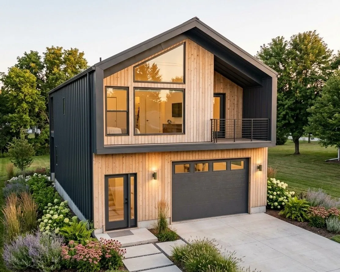 Two-storey Selkie home exterior with timber siding, balcony, landscaped grounds, and an attached garage