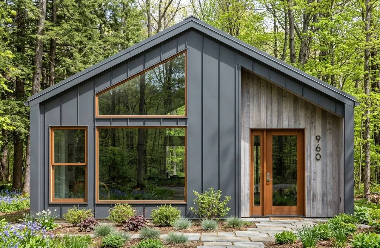 Selkie one-storey home exterior with dark cladding and timber-framed windows in a wooded setting
